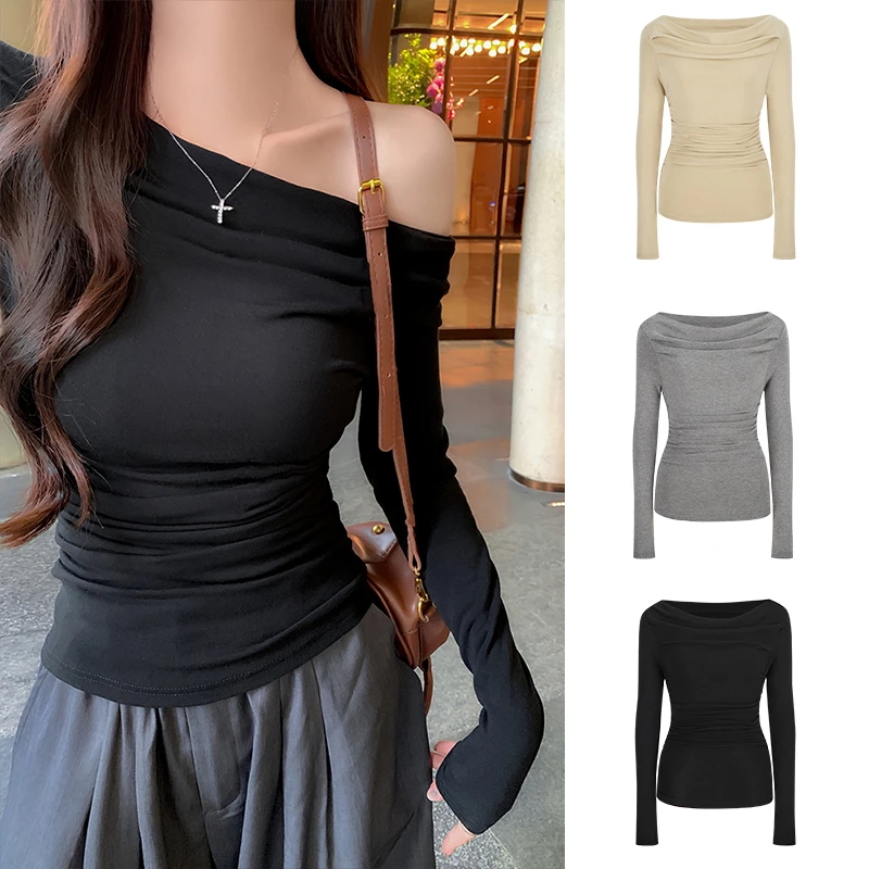 MosesQueen/魔西女王黑色荡领斜肩t恤女抽褶显瘦一字肩露肩上衣