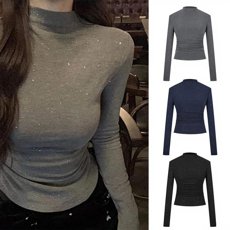 MosesQueen/魔西女王灰色长袖半高领打底衫早秋高级修身性感上衣