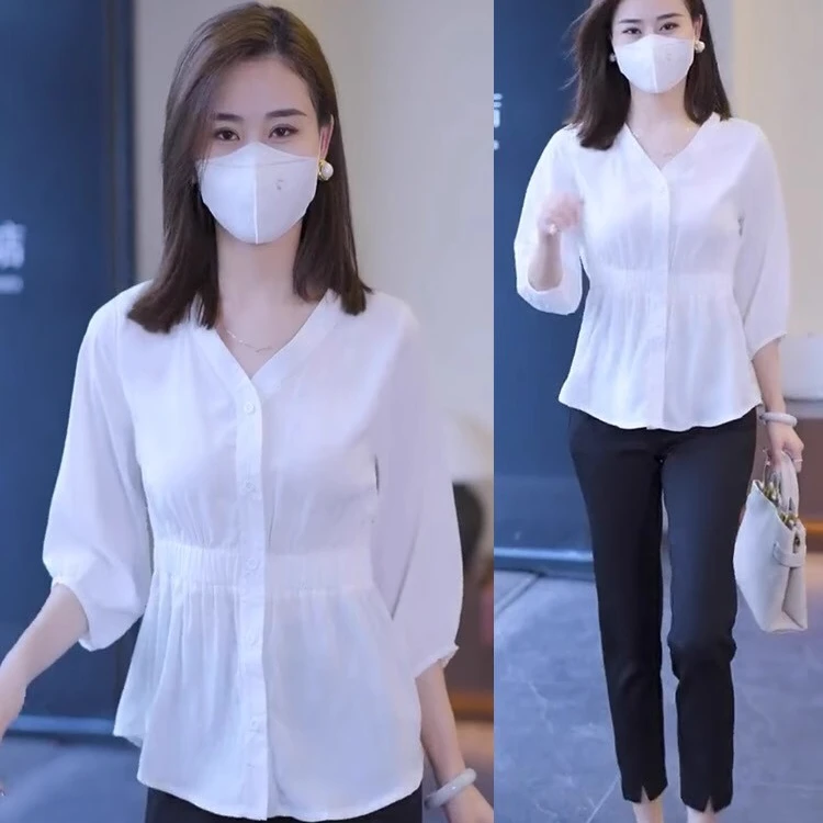 2024夏季爆款宽松大码衬衣女气质遮肚子七分袖上衣衬设计收腰小衫