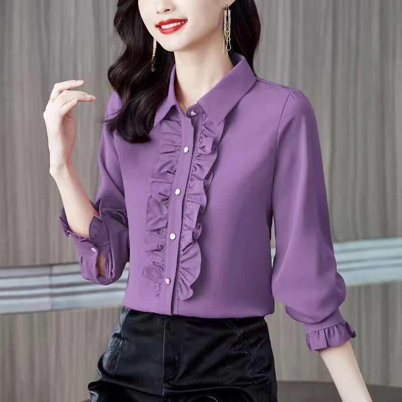 2024新款春秋衬衫女装长袖木耳韩版气质显瘦衬衣雪纺女士上衣百搭