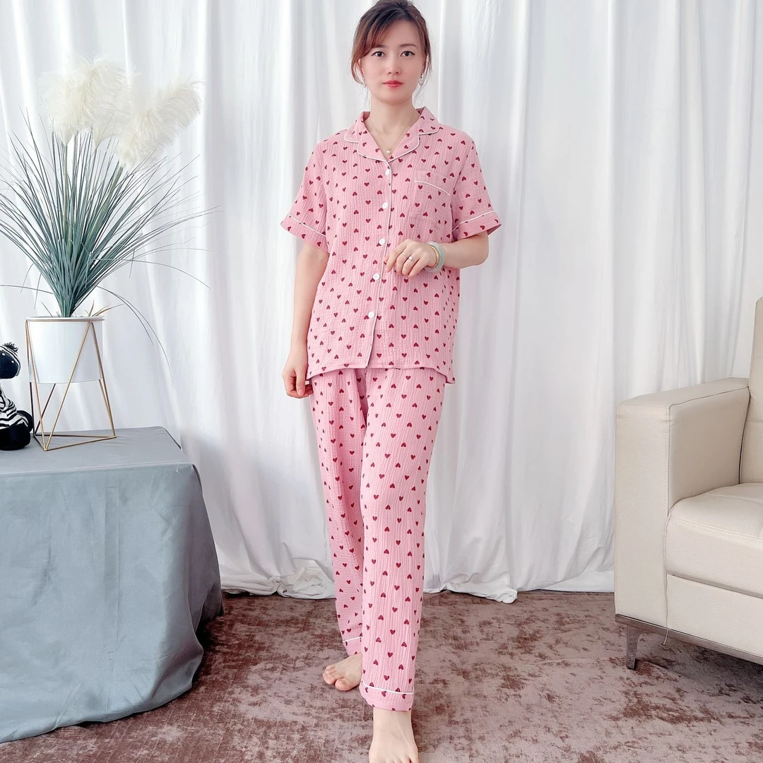 女士印花爱心纯棉双层纱短袖长裤家居服睡衣套装宽松加肥大码装饰