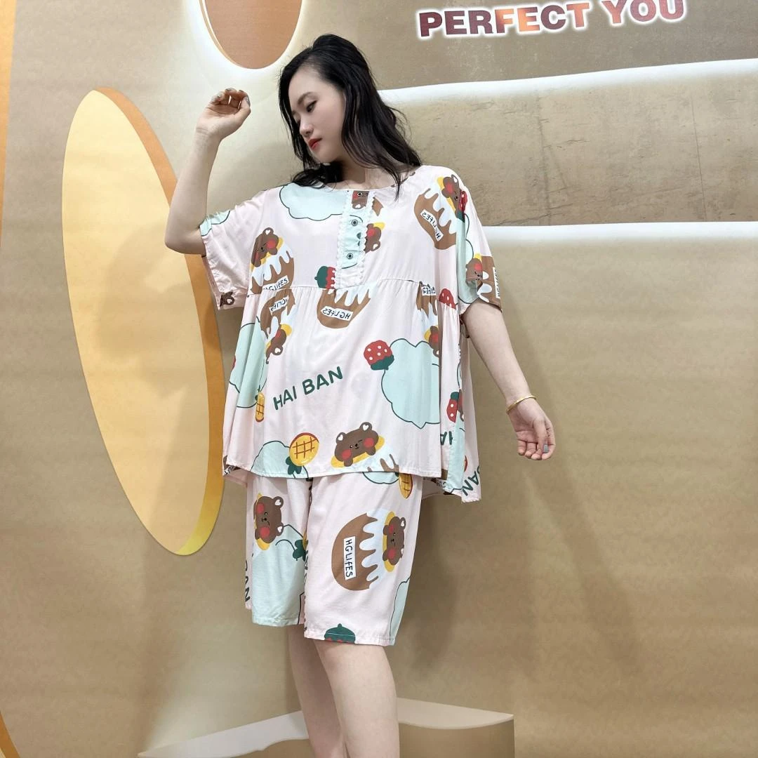 大码棉绸简约套头夏季清凉舒适宽松捏褶短袖家居服夏天套装171098