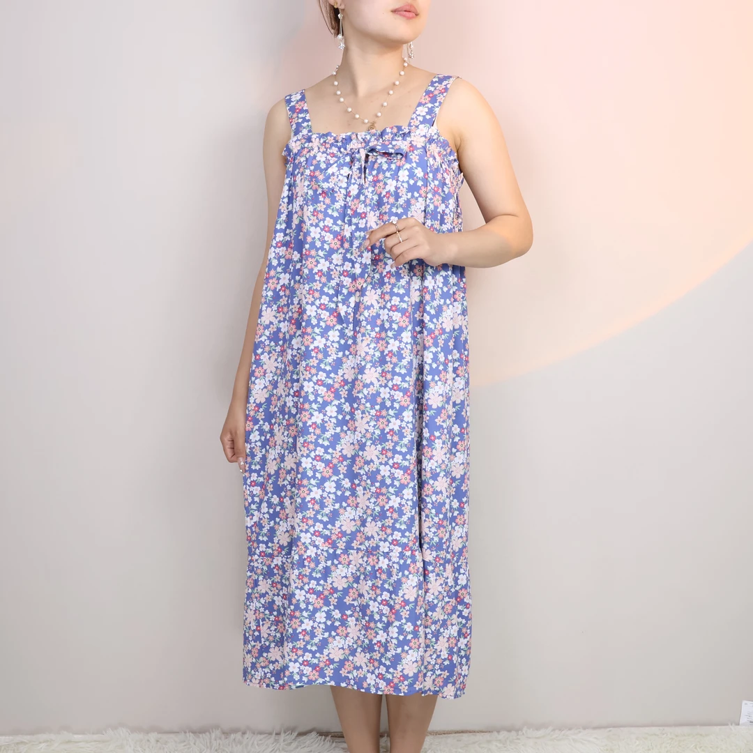 夏季宽肩吊带睡裙女式薄款棉绸中长裙人造棉家居服可外穿甜美碎花