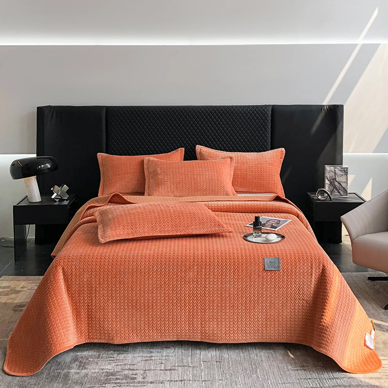 多功能牛奶绒莫代尔双面加厚夹棉绗缝纯色三层榻榻米床盖三件套