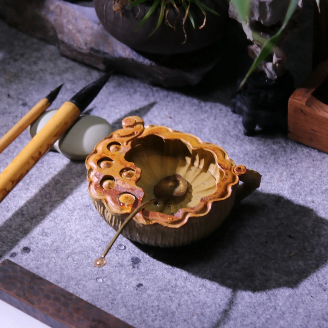 沐元书法专属纯手工雕刻莲逢水盂原石绿端香插笔洗摆件文博端砚