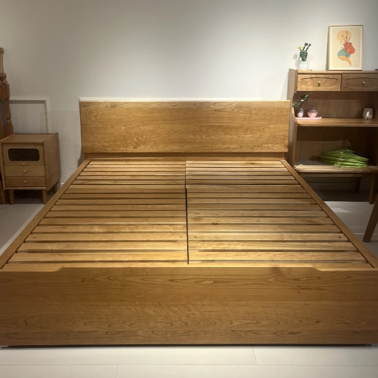 实木樱桃木箱体床原木实木床简约北欧风格主卧高箱床储物大床家用