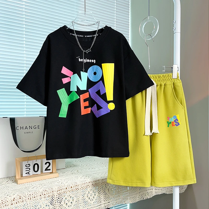 男童大童夏季时尚印花字母短袖休闲宽松短裤两件套潮DF-套装1262