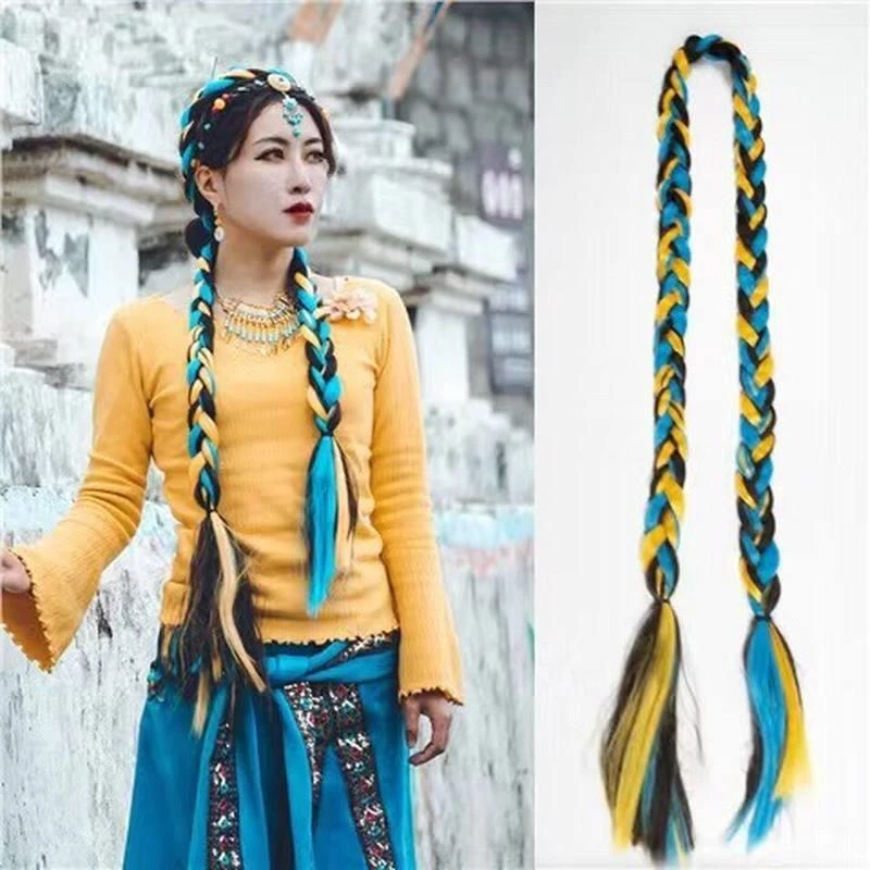 藏式假发辫服装旅拍道具藏辫马尾藏服藏族手工辫子彩色毛球麻花辫