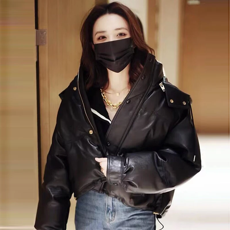 冬季真皮皮衣羽绒服2023新款绵羊皮鹅绒加厚保暖外套连帽短款女士