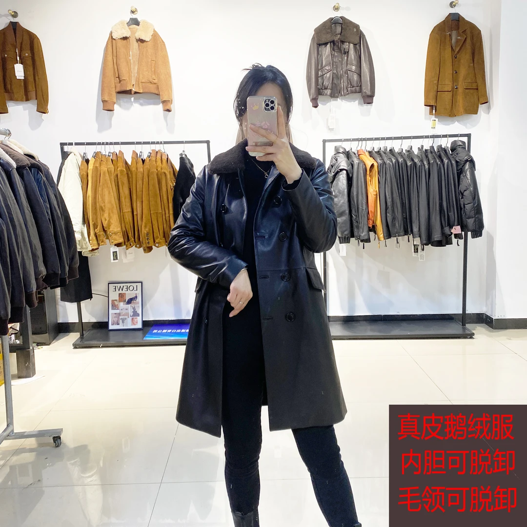 土耳其原皮绵羊皮真皮皮衣女双排扣显瘦黑色中长款风衣羽绒服加厚