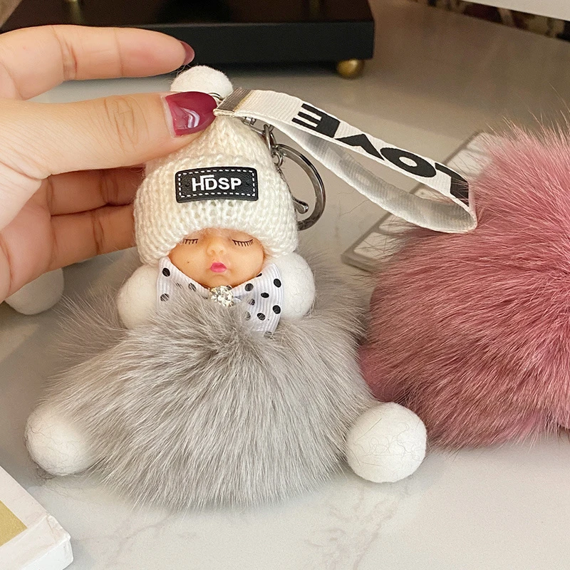 狐狸毛皮草挂件 可爱闭眼娃娃造型 包挂件 真毛绒装饰车钥匙挂件