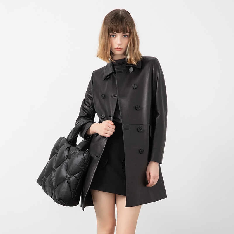 2024新款欧洲站土耳其原皮真皮皮衣女中长款双排扣风衣绵羊皮外套