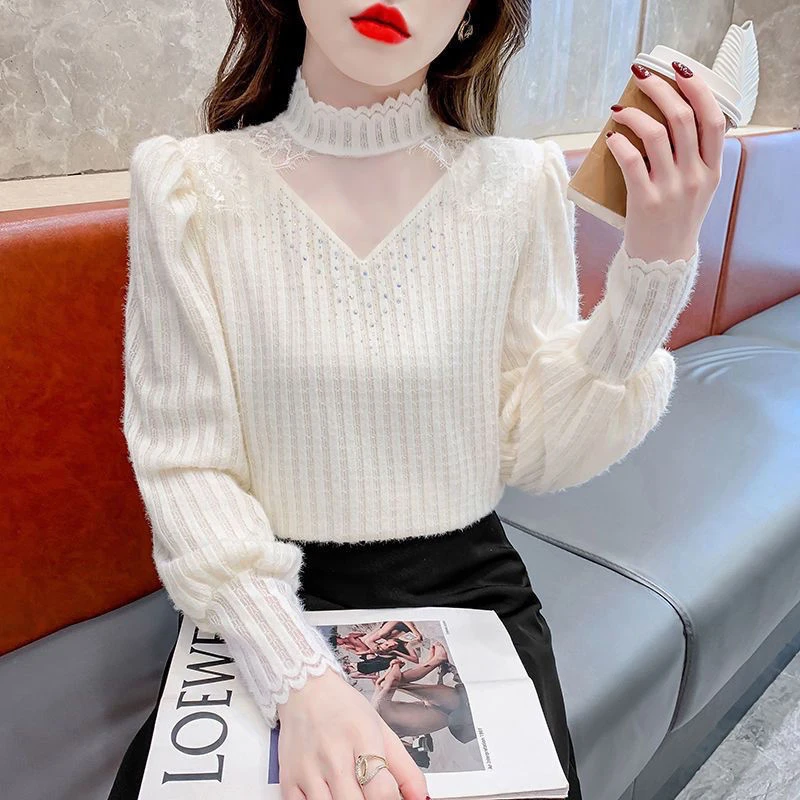 半高领磨毛蕾丝打底衫女时尚设计感上衣秋冬新款洋气高贵小衫
