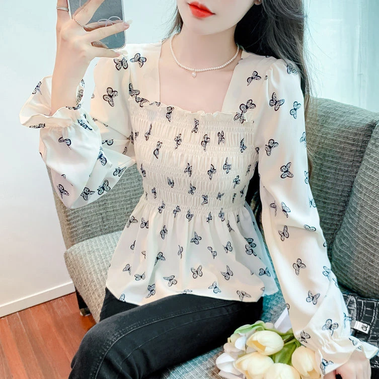 早秋法式方领长袖雪纺衫大码蝴蝶上衣收腰褶皱肚子小清新衬衫