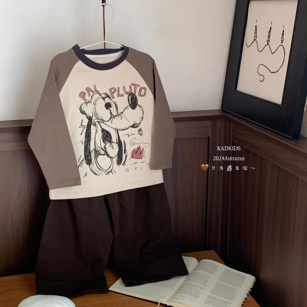 [现货]K1204-撞色插肩T+K1206-咖色老爹裤