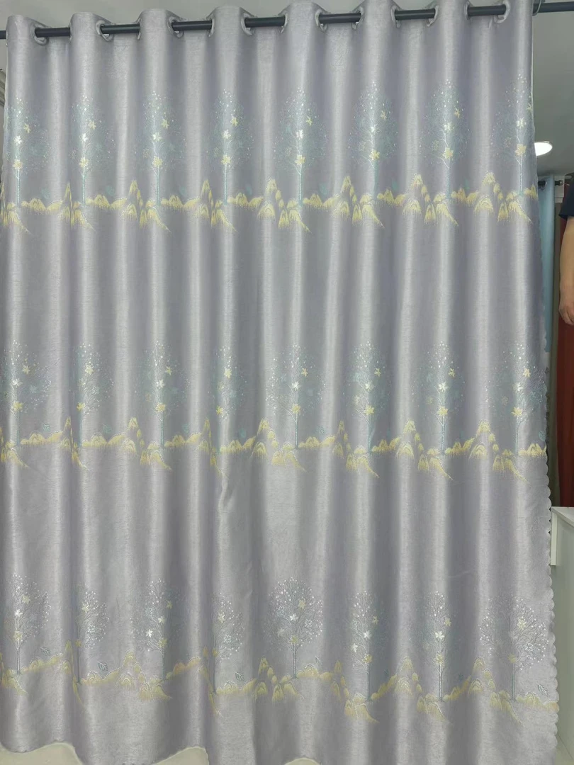 新款雪尼尔发财树高端窗帘  灰色