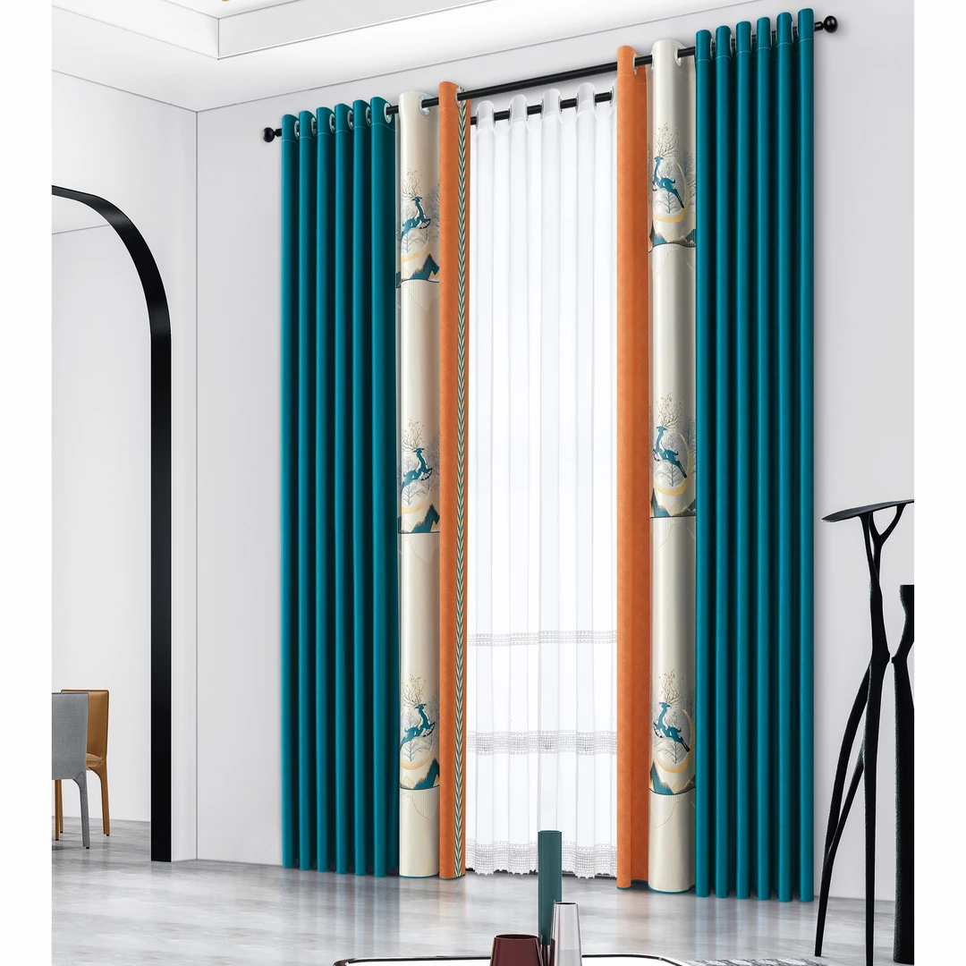 新款一路腾飞高精密无缝拼接高端窗帘蓝色＋黄色