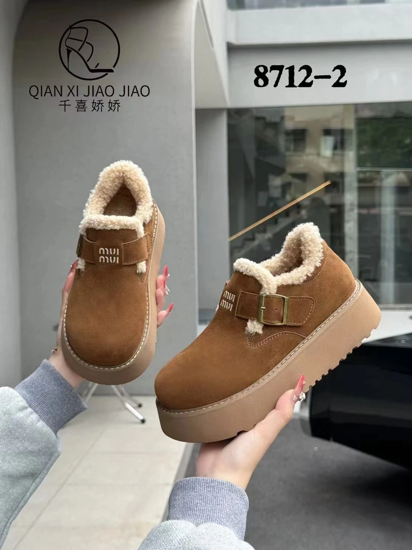 真皮松糕厚底棉鞋女保暖2024冬款一脚蹬加绒加厚勃肯鞋毛毛雪地靴