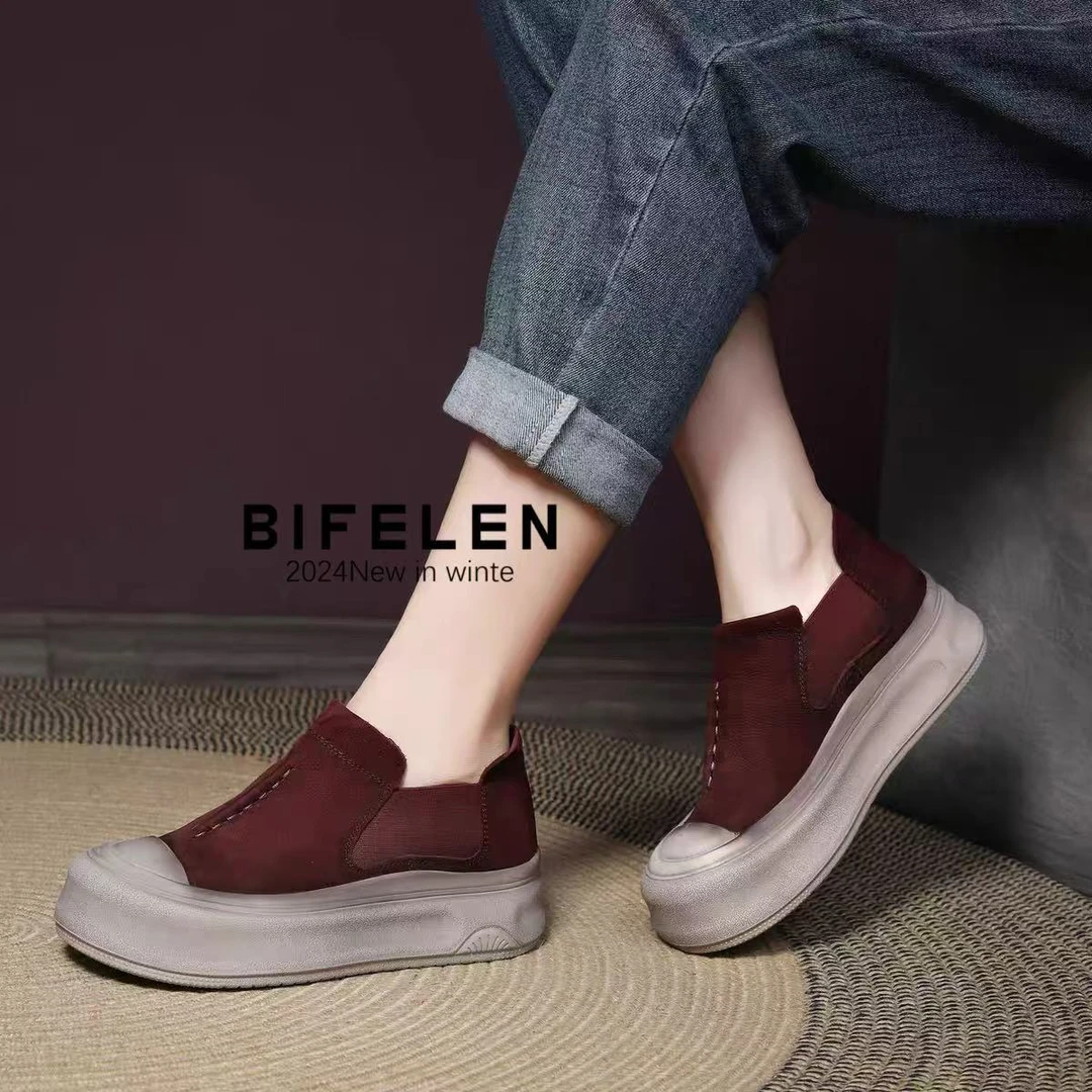 厚底松糕鞋女圆头一脚蹬深口单鞋秋季鞋新款真皮复古风