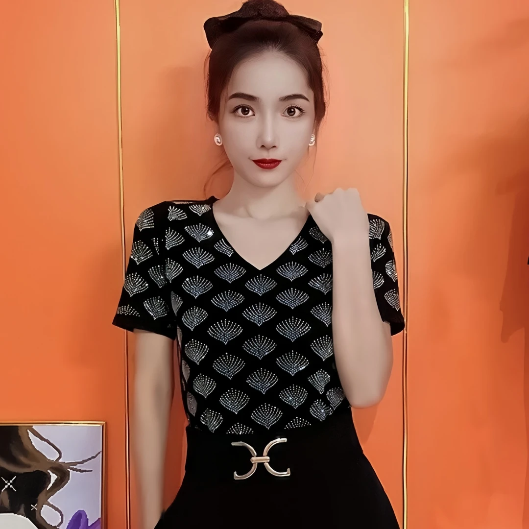 【夏款收官】夏欧货重工时尚烫钻打底外穿螺纹V领T恤百搭修身女007