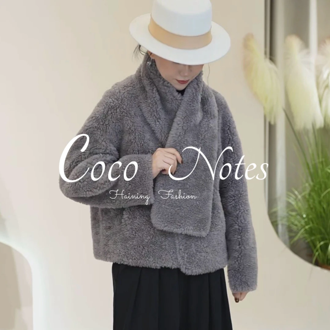 COCO NOTES【伯爵灰围巾款】90050款韩系韩系慵懒风羊羔毛短款外套
