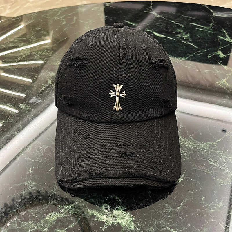 网红时尚复古十字架棒球帽子女潮百搭显瘦破坏磨边情侣软顶鸭舌帽