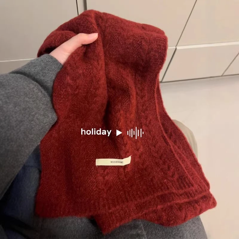 红色围巾女冬季圣诞新年氛围感装饰加厚保暖百搭针织纯色麻花围脖