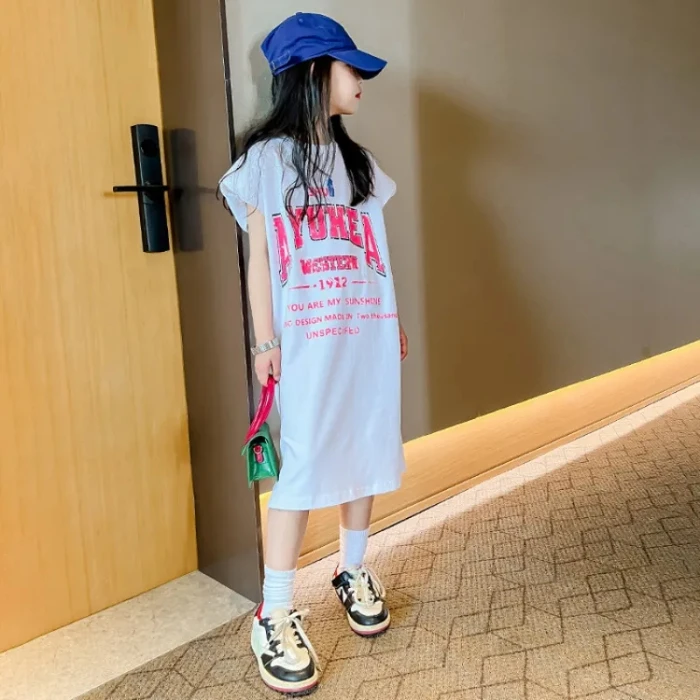 女童夏季连衣裙长款2024网红短袖T恤长裙打凉爽旅游韩范中长裙子