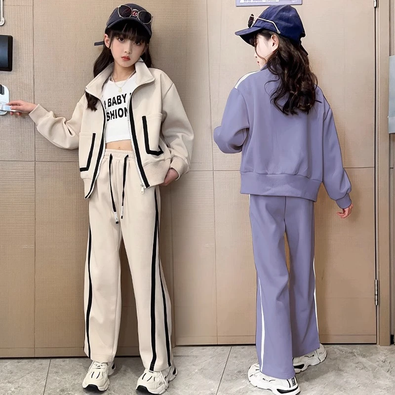 女童2024新款春秋季运动套装6-12岁儿童竖条纹显瘦裤子潮童两件套