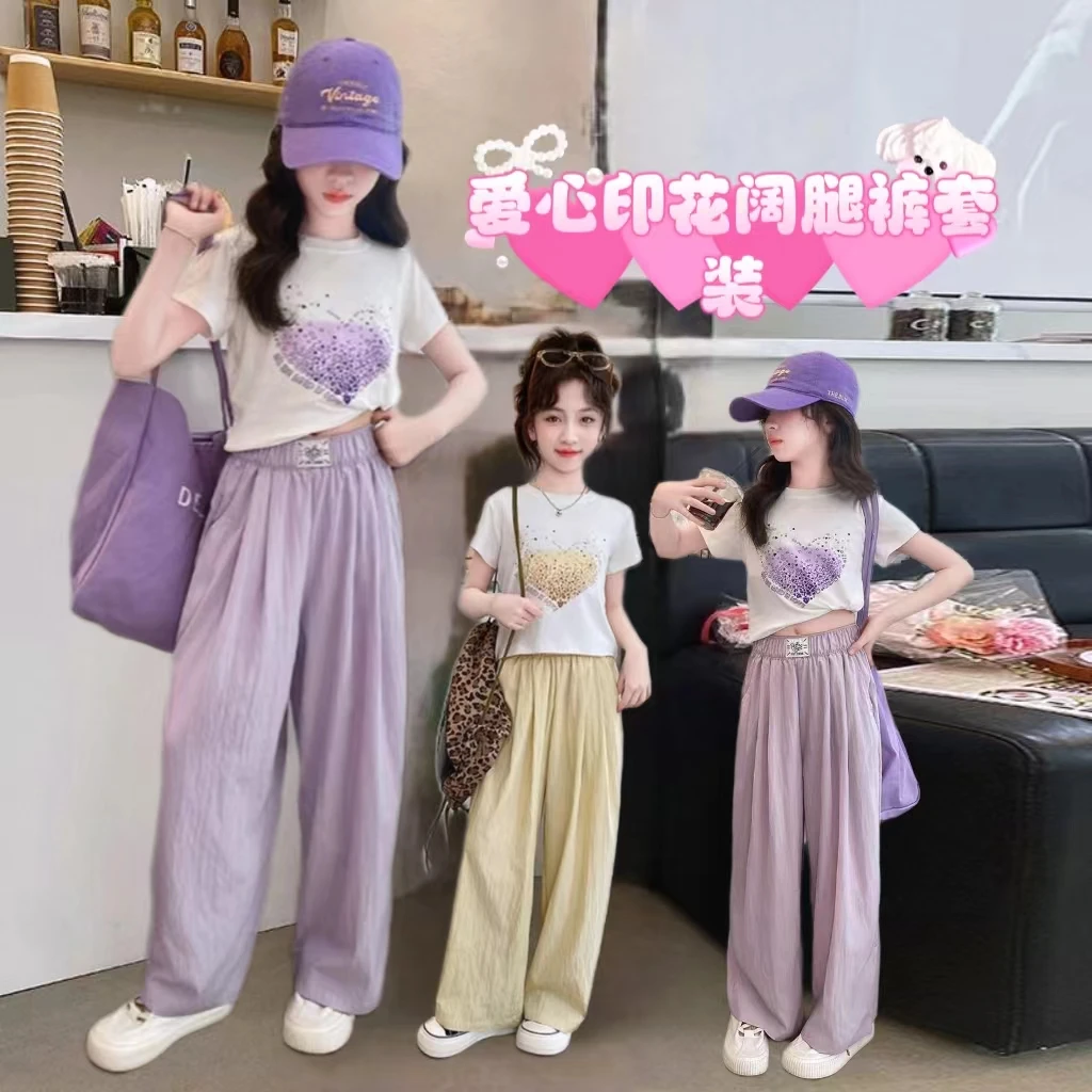 女童夏装休闲套装2024新款洋气女孩韩版夏季印花短袖阔腿裤两件套