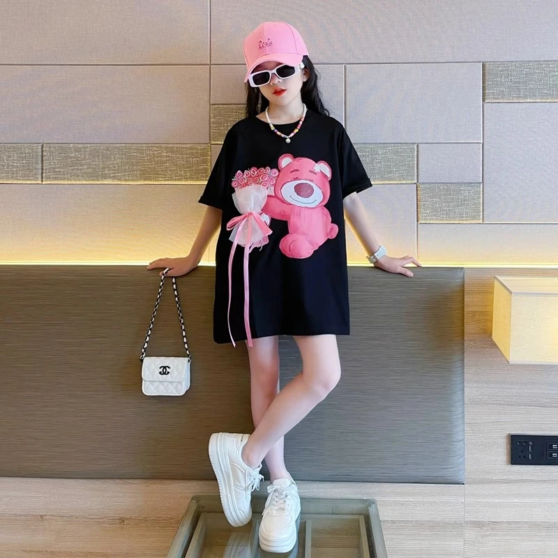 夏季女童短袖T中长款女孩韩系黑色T恤裙夏装儿童网红炸街时髦半袖