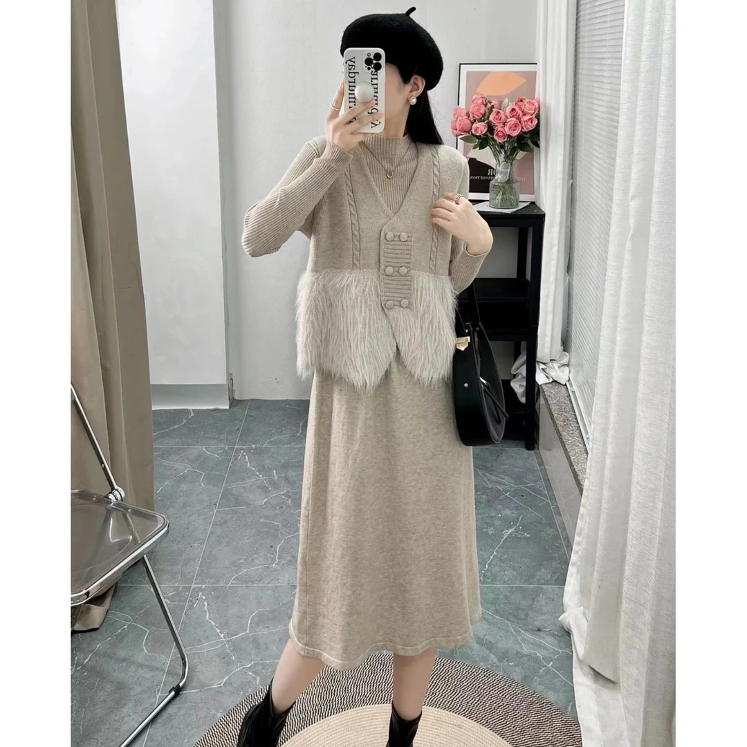 911孕妇时尚百搭显瘦孕妈针织毛衣连衣裙＋马甲两件套