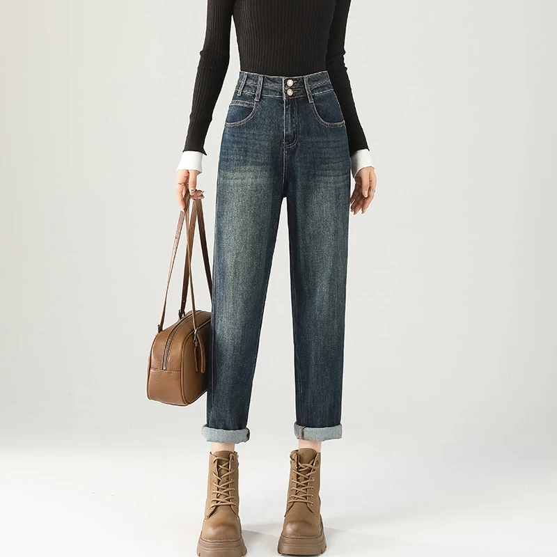 【8601】复古蓝哈伦老爹牛仔裤女2025显瘦春新款高腰修身弹力牛仔裤