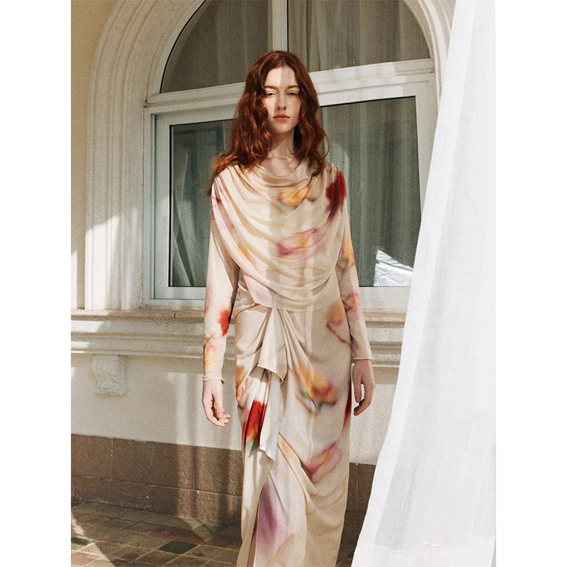 MANE atelier设计师品牌印花荡领网纱上衣女修身小众印花打底衫