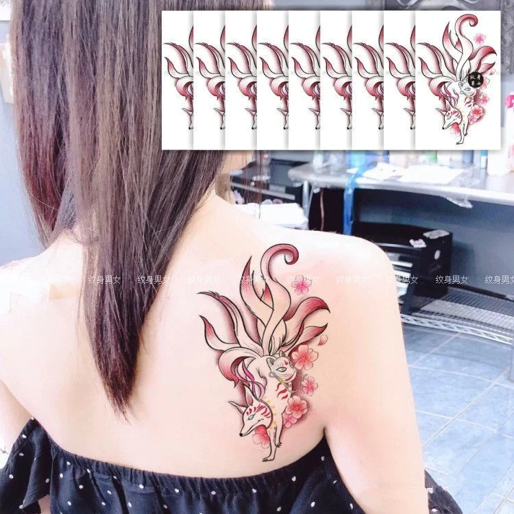 九尾狐性感纹身贴纸防水女花臂 日系花朵艺伎 狐狸持久纹身贴