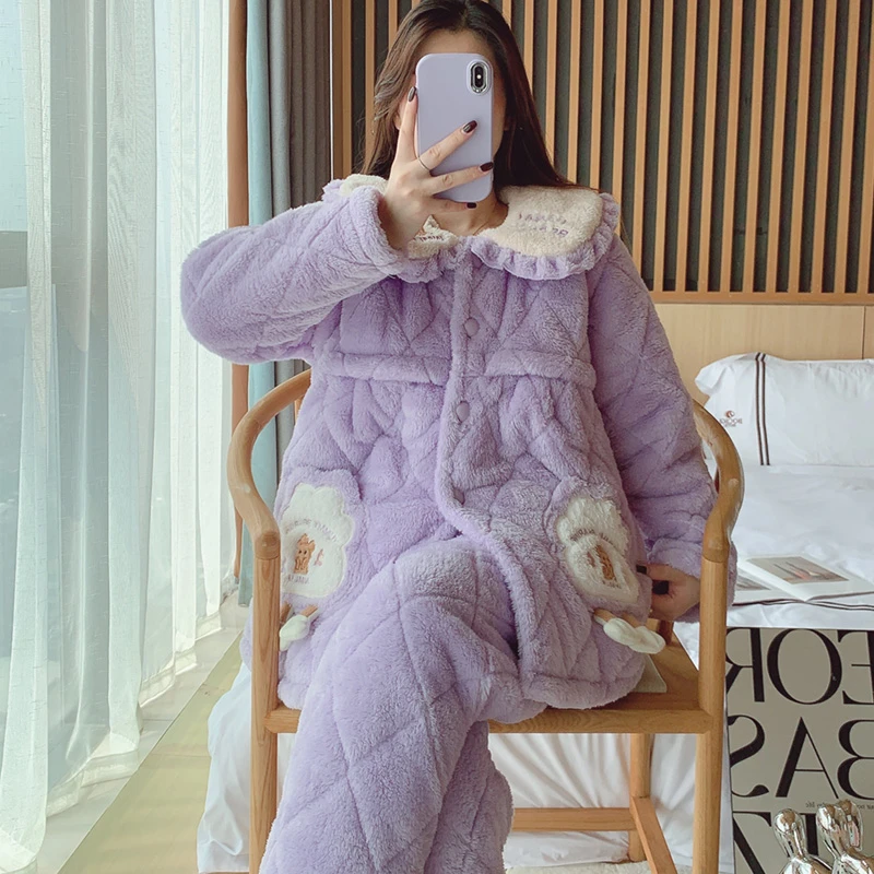 月子服秋冬三层夹棉产后喂奶加厚加绒冬季保暖孕妇家居哺乳睡衣套