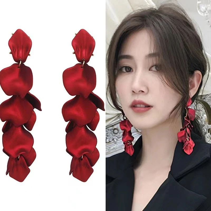 【S925银针】日韩流行夸张气质显脸瘦耳环性感玫瑰花瓣长款耳饰品