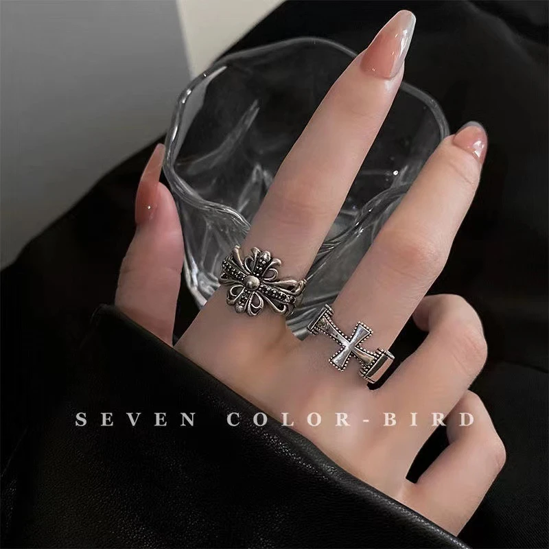 复古银色十字架戒指冷淡风高级感装饰指环女潮酷个性辣妹食指戒指