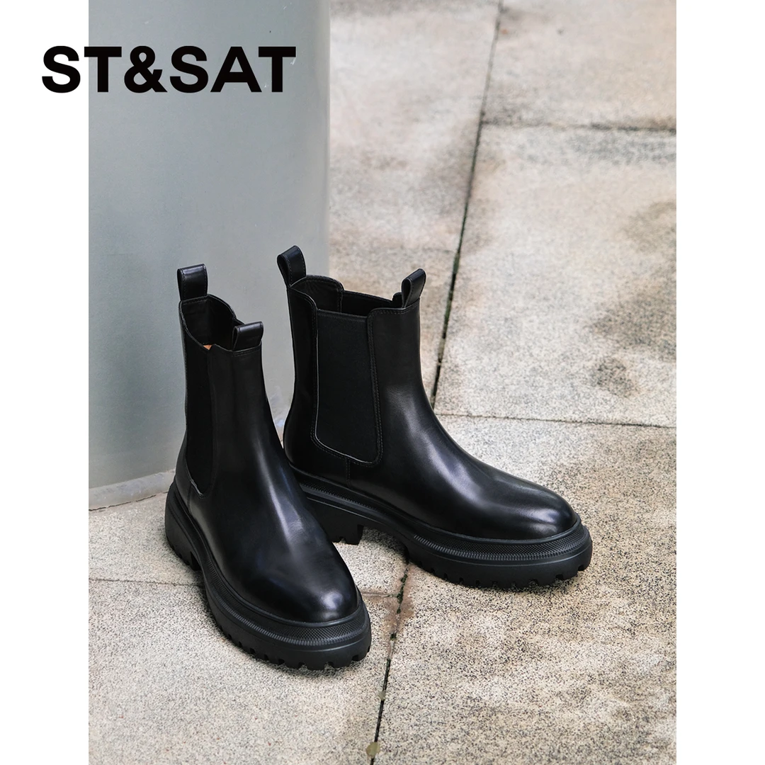 星期六黑色切尔西靴时尚复古秋冬新款百搭弹力英伦风短靴女靴6B3Y