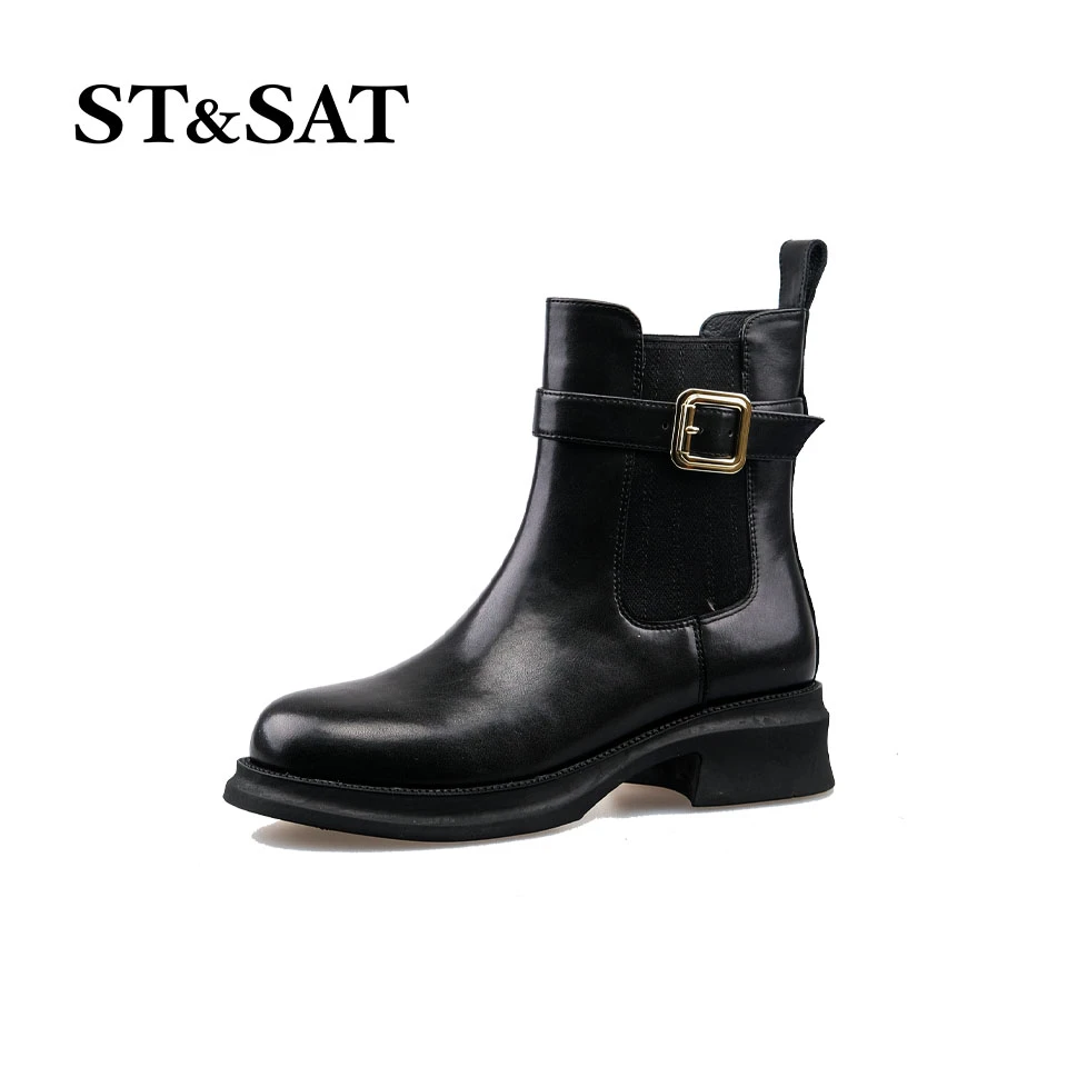 St&Sat/星期六冬季圆头时尚挂带方扣切尔西靴SS24116851