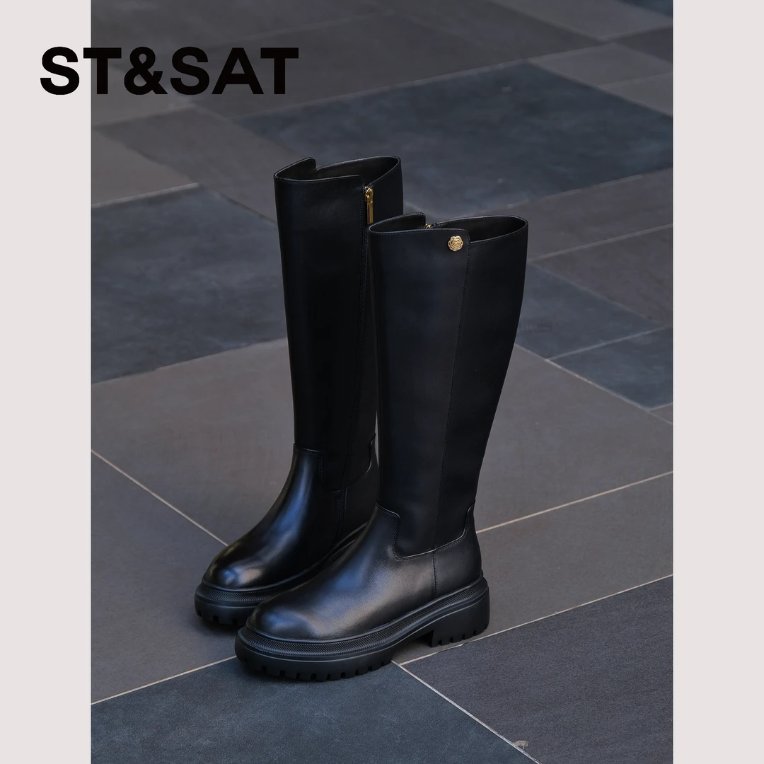 【玫瑰金辉】星期六时尚胎牛皮女款长筒靴秋冬显瘦高筒真皮高筒靴