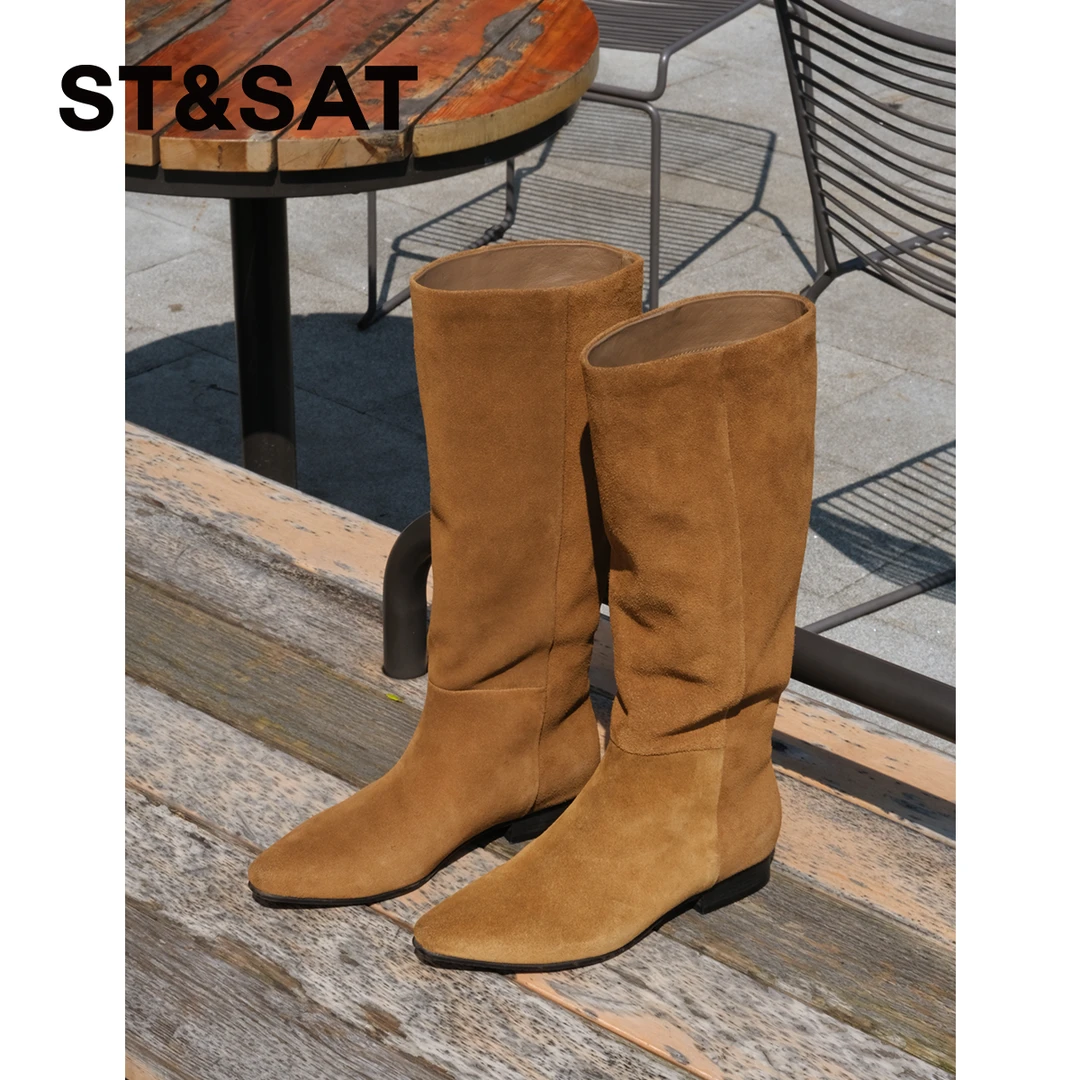 【西部雅韵】星期六秋冬时尚雅丹风极简牛反绒中筒尖头骑士靴7B4L
