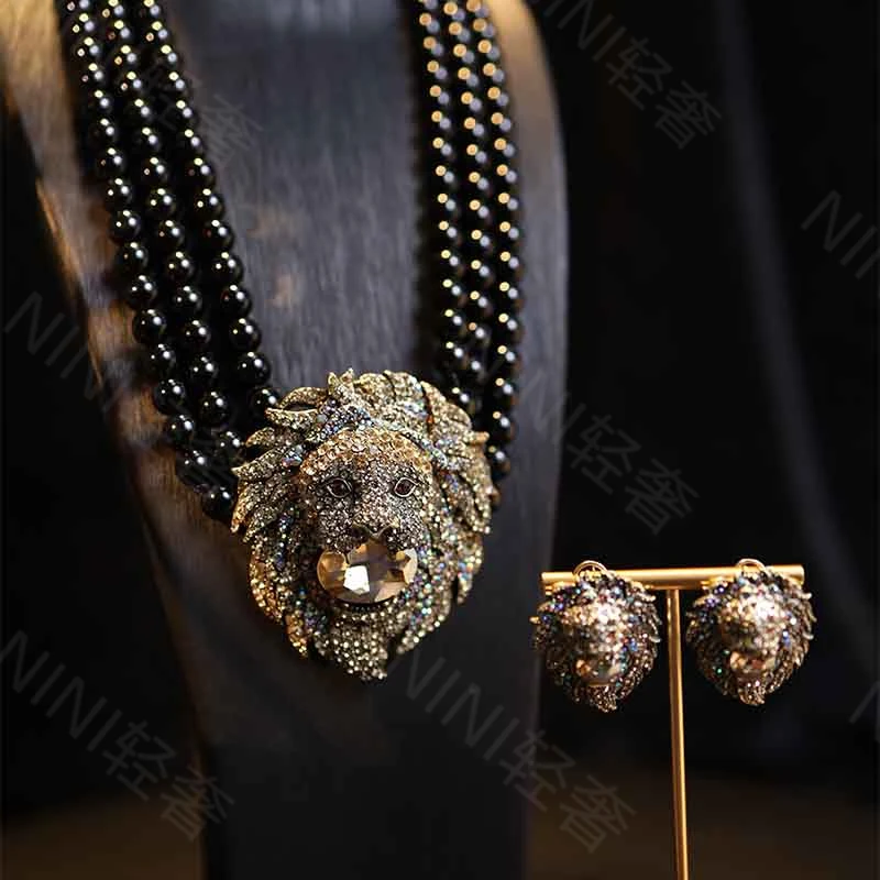 铜合金合成锆石吊坠 【雄狮觉醒】超重工多层黑色个性项链耳钉套装