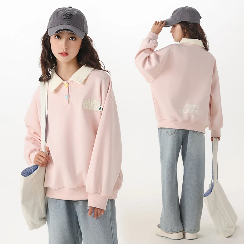 女童卫衣春秋装大码童装加肥加大宽松初中学生polo衫洋气卡通上衣