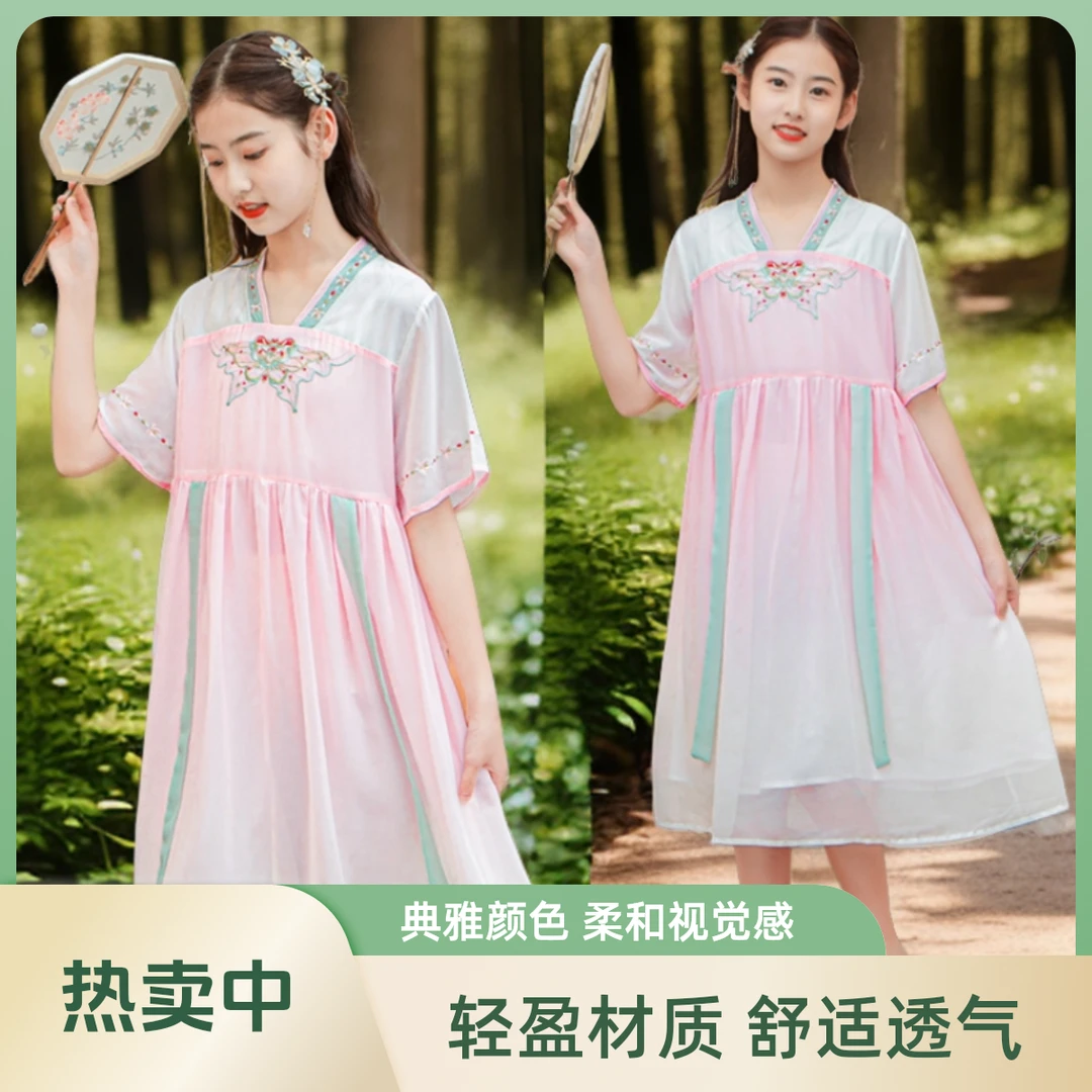 胖女童汉服连衣裙夏季新款中大童仙女裙加肥加大码中国风古装襦裙