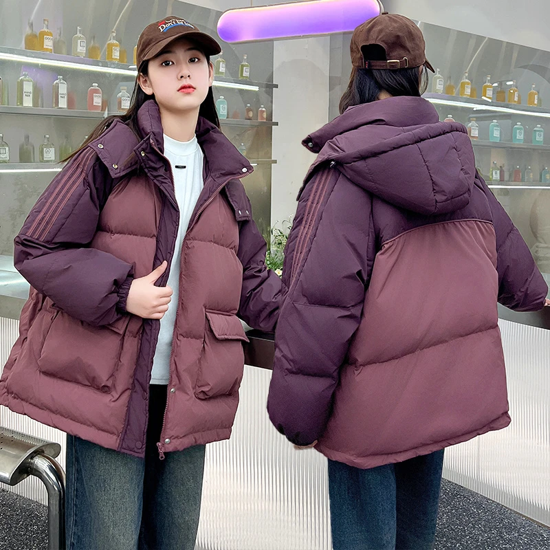 女童中长款加肥加大中大童连帽宽松加厚外套青少年洋气羽绒服棉服