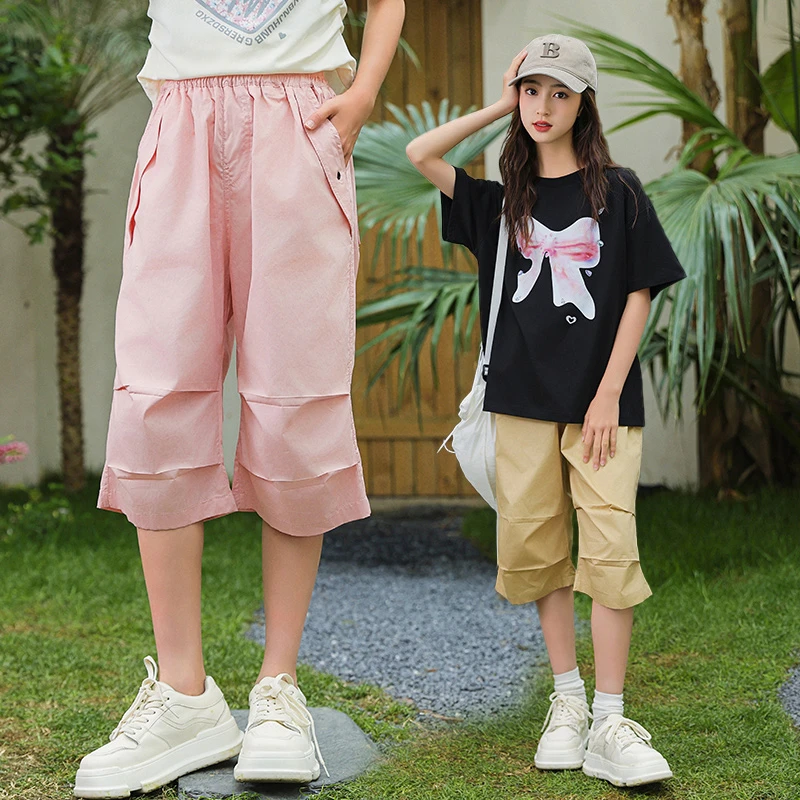 胖女童夏季七分裤潮款宽松工装裤中大童加肥加大码休闲裤学生短裤