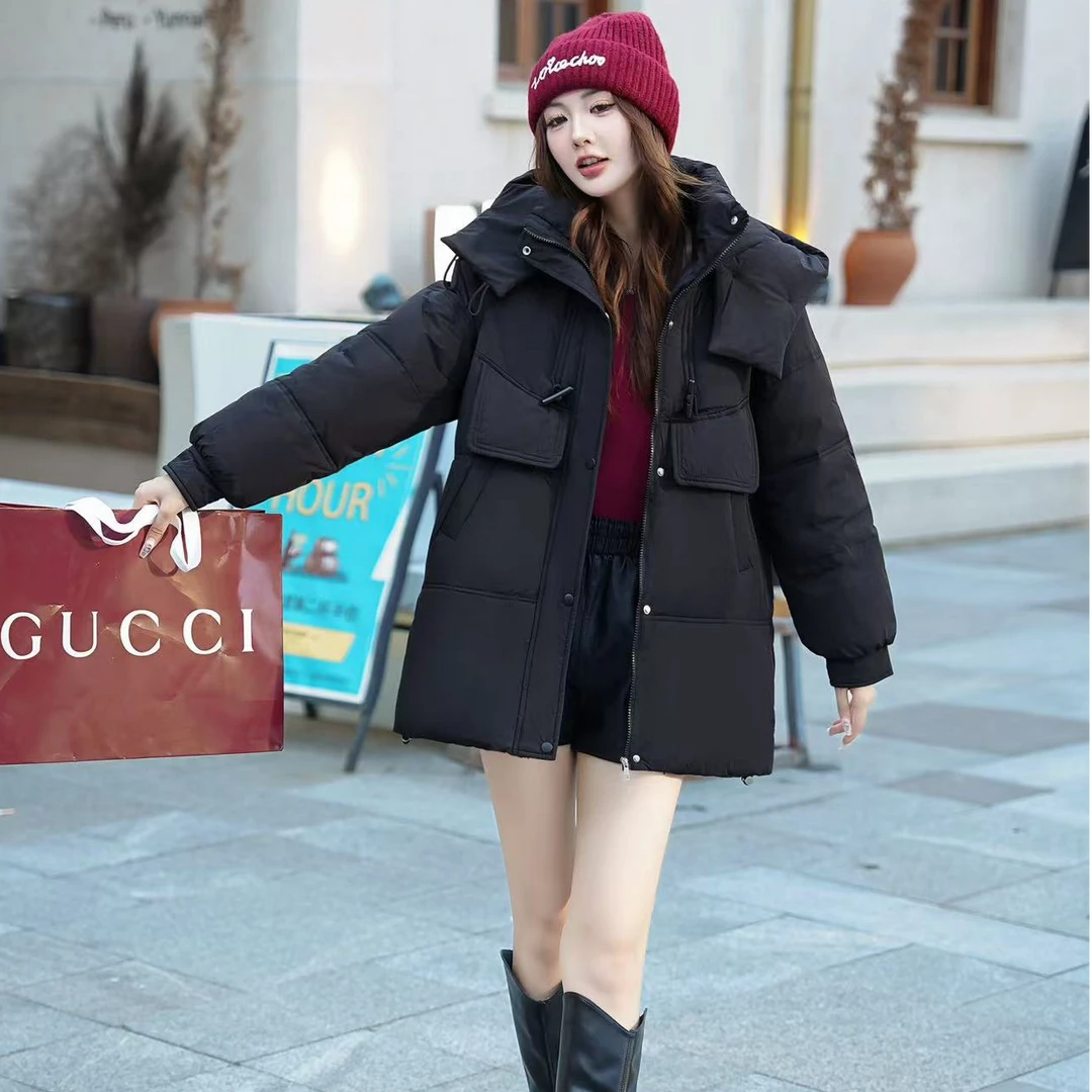 10中长款羽绒服女2024新款韩版宽松牛角扣棉衣面包服秋冬季厚外套