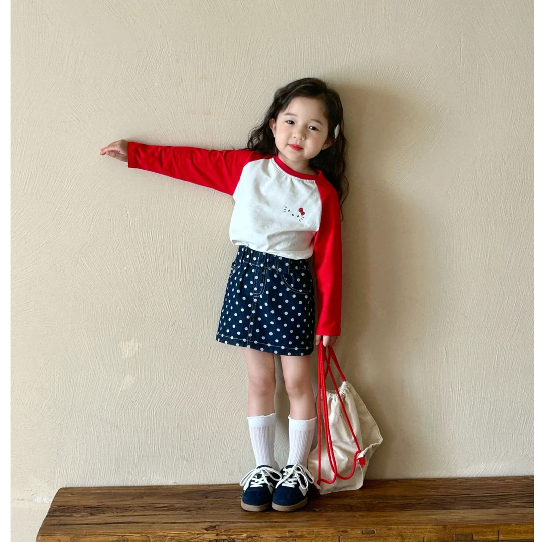 女童可爱猫咪印花T恤2025春装新款韩版童装女宝拼色插肩袖T恤上衣