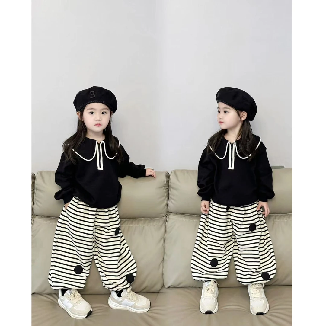 【在仓】女童韩版宽松条纹萝卜裤休闲哈伦裤2024春秋女宝洋气九分裤